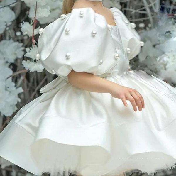 Bebê meninas vestido de aniversário crianças elegante retro princesa vestidos moda puff manga pérolas baile para menina festa roupas 240318