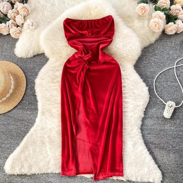 Abiti casual Foamlina Abito da festa sexy senza spalline rosso senza spalline da donna Elegante senza maniche con taglio frontale a vita alta in velluto diviso con torsione