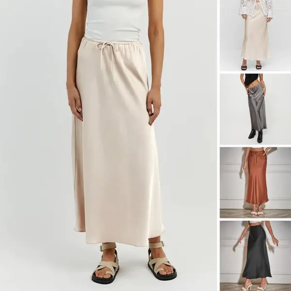 Юбки трапециевидной формы, длинная атласная для женщин, черная, 2024, элегантная макси с высокой талией, бежевая шелковая юбка на шнуровке