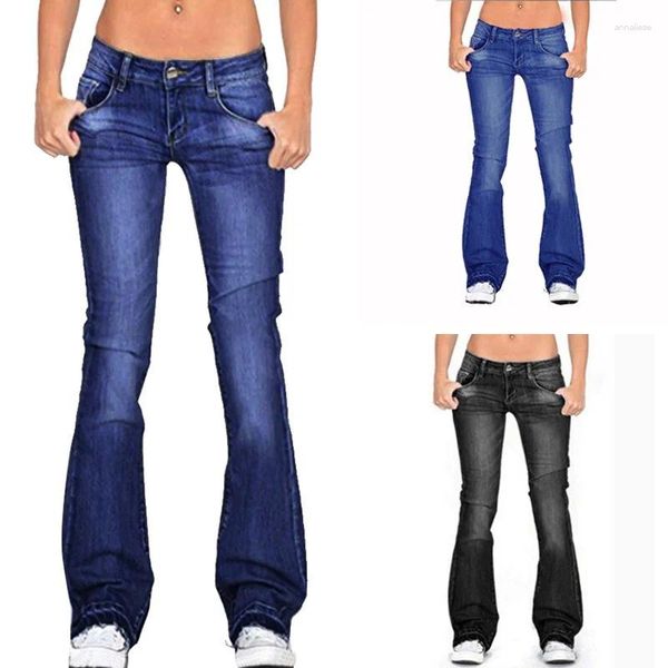 Damen Jeans Y2K High Street Low Rise Dunkelblau Mode Damen Hose Bootcut Taschen Streetwear Taille Breites Bein