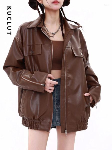 Jaquetas femininas kuclut casaco de couro falso para mulheres turn down colarinho zíper vintage jaqueta marrom streetwear manga longa moda