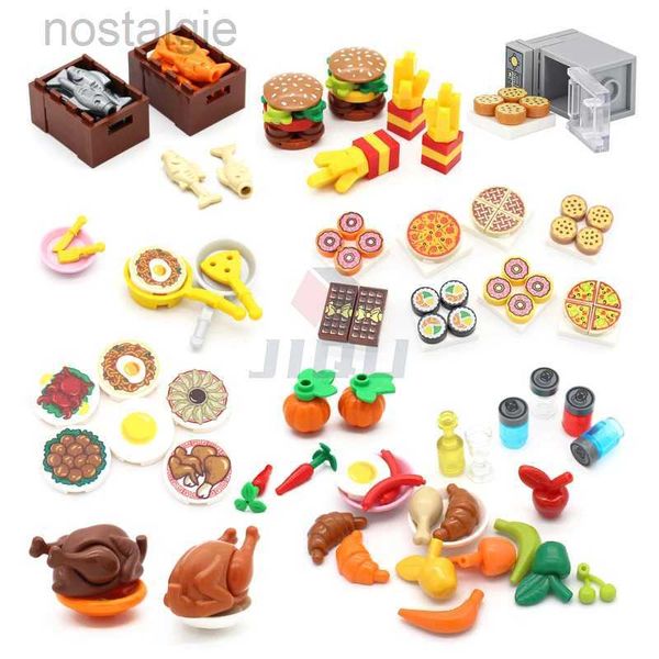 Blocchi Mini Cibo Accessori da cucina Giocattoli Parti da costruzione Parti Hamburger Pizza Patatine fritte Torta Dessert Biscotti al cioccolato MOC Assemblare mattoni 240401