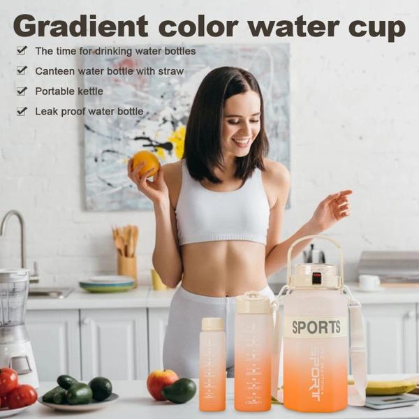 Wasserflaschen 3 Stück Motivationsflasche mit Strohhalm Zeitmarkierung Schillernde Farbe 2L 700 ml 260 ml BPA-frei für Büro-Fitness-Workout