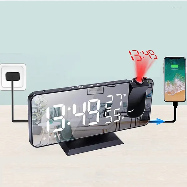 Tablo Saatleri LED Dijital Çalar Saat Projektörü İzle Elektronik Masaüstü Uyandırma FM Radyo Zaman Projeksiyonu Erteleme USB 2 Müzik