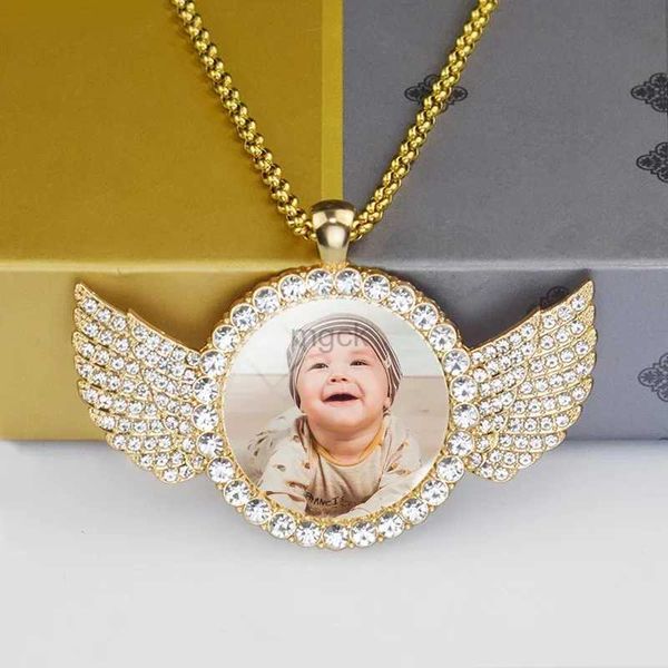 Colares de pingente personalizado bebê foto anjo asas pingente com cadeia longa strass colar personalizado cúpula de vidro imagem jóias personalizadas 240330
