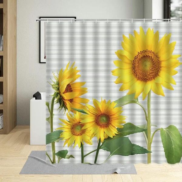 Tende da doccia Bella fioritura di fiori di girasole colorati Modello di paesaggio naturale Tenda impermeabile per uso domestico in poliestere con gancio