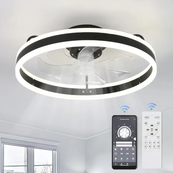 Ventilatore da soffitto da pollici con luci LED moderno rotondo a basso profilo, telecomando e pale reversibili APP 3 colori nero