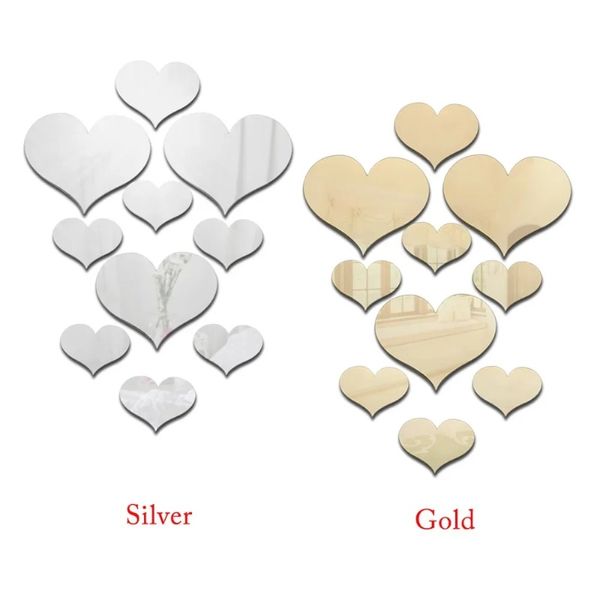 2024 10pcs Love Heart Acrilic 3D Specchio a parete Sticker Murale Decal Decal Rimovibile Specchio Decal Murale Decal Multi