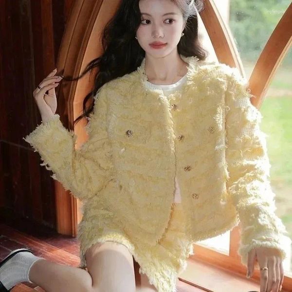 Vestidos de trabalho moda celebridade casaco saia de duas peças conjunto feminino coreano em torno do pescoço borlas doce fragrância temperamento high-end sólido terno fino