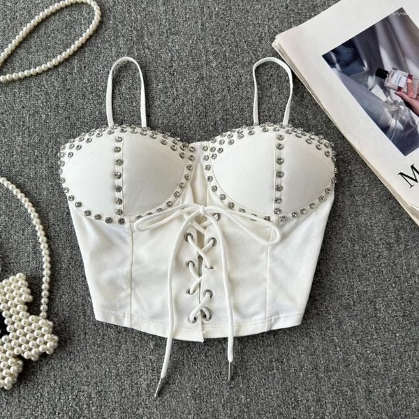 Tanques femininos sexy arco conjunto com diamantes fino coreano topo elegante colheita verão fishbone bustier