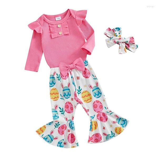 Set di abbigliamento pudcoco bambina outfit pasquale a costola a costola per maniche lunghe ganner ore orecchio di uova bagliore pantaloni fascia 3pcs set 0-18m