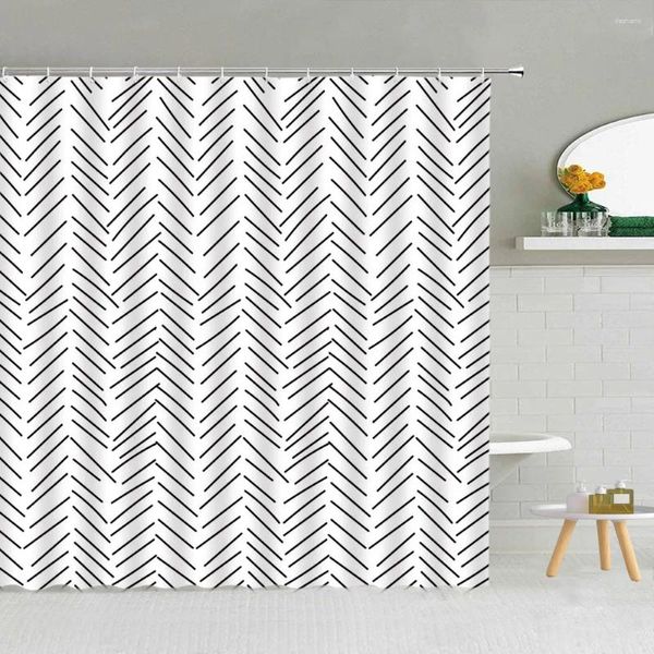 Tende da doccia Tenda geometrica Multi dimensione Moderna minimalista Linea in bianco e nero Decorazione per bagno in tessuto stampato in poliestere