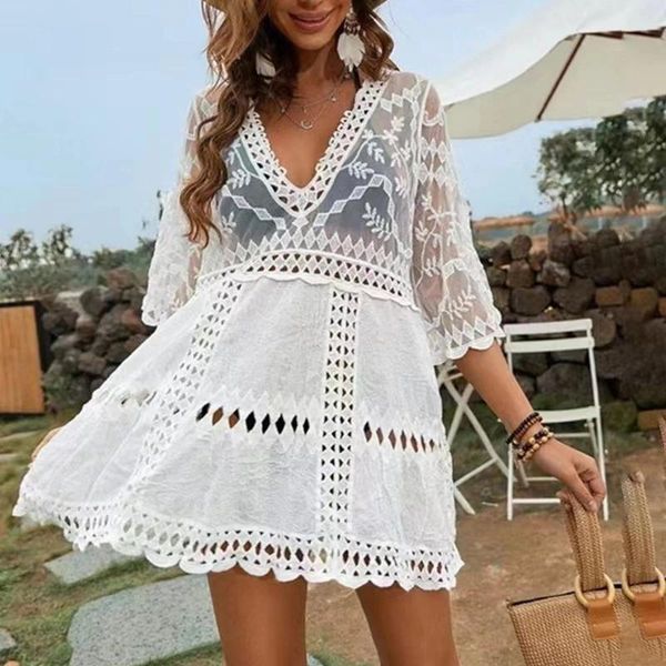 Sexy oco para fora com decote em v vestido de praia blusa biquíni maiô protetor solar roupas verão branco cobrir para mulher maiô
