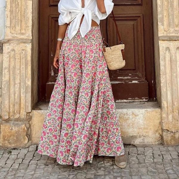 Saias femininas verão doce rosa boêmio floral impressão longa senhoras elástica cintura alta boho maxi saia casual cordão