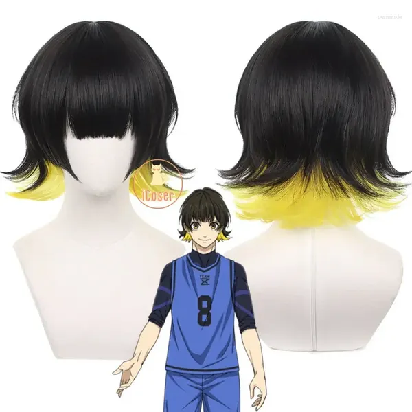 Articoli per feste Anime Blue Lock Bachira Meguru Parrucca cosplay Capelli neri gialli Taglio a scodella Team Z N. 8 Giocatore di football Bob Accessorio per Halloween Uomo