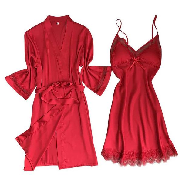 SAI2 PAJAMA SEXY SET 2 pezzi Pomesta Pomesta Women Silk Robe Kimono in pizzo Dresse Night Night Night Night Didesmaid Satin Sexy Lingerie Summer Sleep abbigliamento 20Jan 2404101