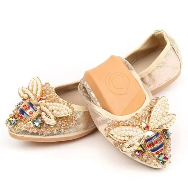 Mocas femininas Ballet Flats Rhinestone Wedding Ballerina Sapatos dobráveis Comfort Slip On Shoes Shoes Plus Size 44 45