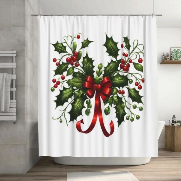 Tende da doccia Vischio e fiore di agrifoglio Natale Tenda con fiocco natalizio 72x72 pollici con ganci Modello personalizzato Protezione della privacy