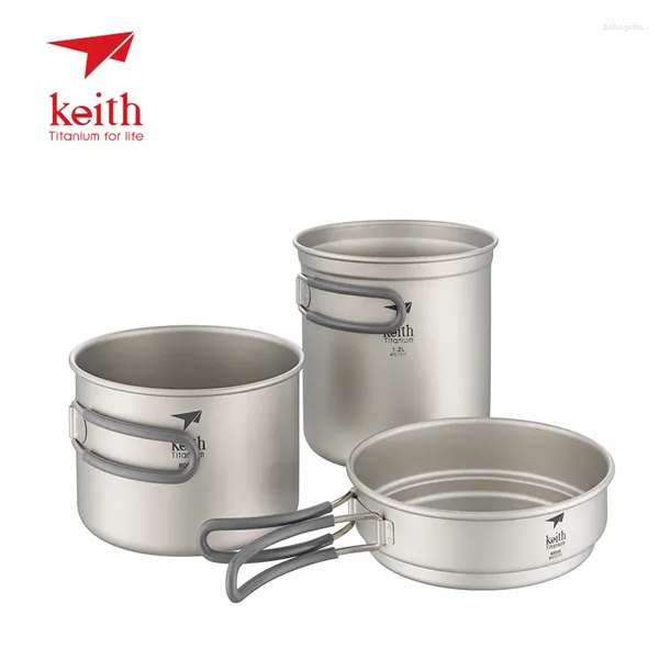 Kochgeschirr-Sets Keith 3 teile/satz Küche Kochtöpfe Ultraleichte Titan Schüssel Bratpfanne mit faltbarem Griff Ti6014