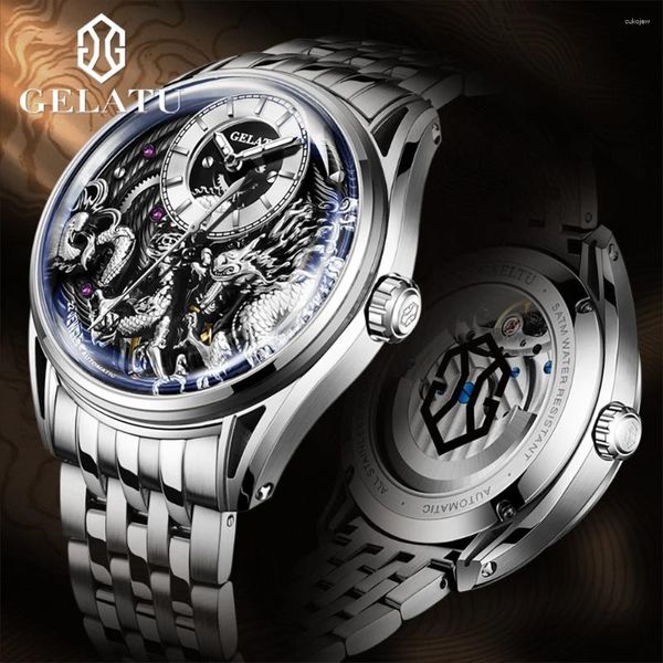 Relógios de pulso Gelatu Relógios Mecânicos Masculinos Prata Aço Inoxidável Dragão Relógio Automático Relógio de Pulso Homem Esqueleto À Prova D 'Água