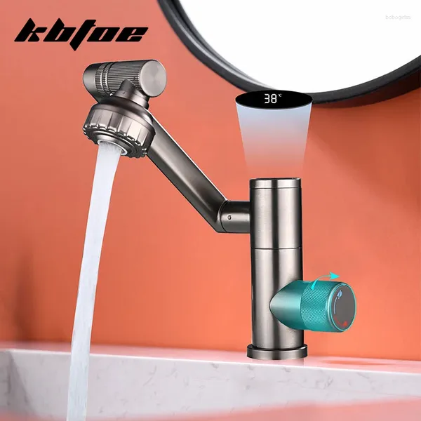 Torneiras de pia do banheiro Gun Grey Basin Torneira Multi-modo Saída de água fria Digital Display Wash Mixer Tap Deck Montado Rotação 360