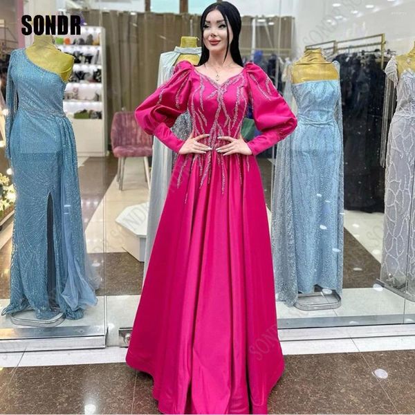 Partykleider SONDR Fuschia Langes A-Linie-Satin-Abendkleid Elegantes, individuelles, glänzendes Cocktail-Abschlussballkleid mit Pailletten Dubai Frauen 2024