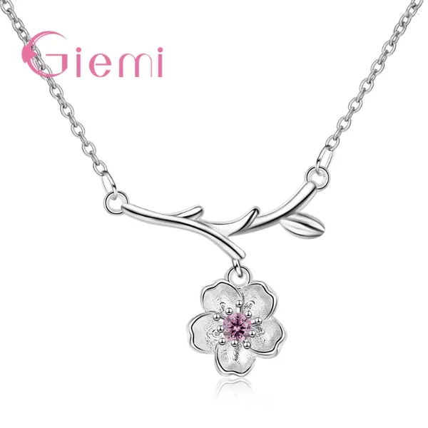 Collane con ciondolo Dichiarazione Catena di fiori di ciliegio per donna Argento sterling 925 CZ Zircone cubico Girocollo di fidanzamento Gioielli Joyas