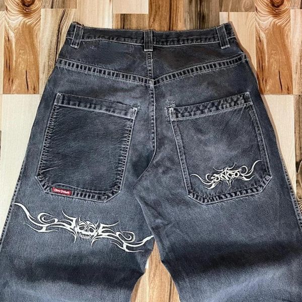 Женские джинсы JNCO в стиле хип-хоп с вышивкой Y2K Мешковатые черные брюки в стиле ретро Harajuku Goth Мужчины Женщины Широкие брюки с высокой талией