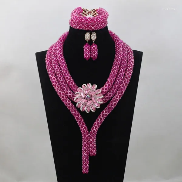 Colar brincos conjunto fushia rosa cristal jóias de casamento chunky africano nigeriano contas nupcial abl975