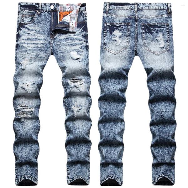 Jeans masculinos Autumn e Winter High-end Brand rasgado masculino coreano Trendência elástica Pés pequenos Moda de tamanho grande calças finas