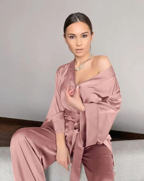 Kimono tarzı kadınlar 2 adet takım elbise sleepwear sahte saten ipek yumuşak gündelik pijamalar set tam kol uyku bornoz kanat pijama240401