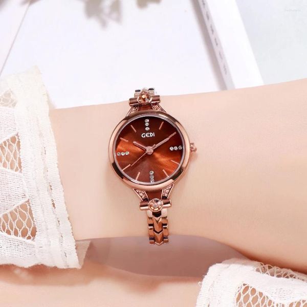 Relógios de pulso moda senhoras relógios fino liga pulseira diamante 3atm resistência à água luxo relógio de quartzo para mulheres café rosa ouro