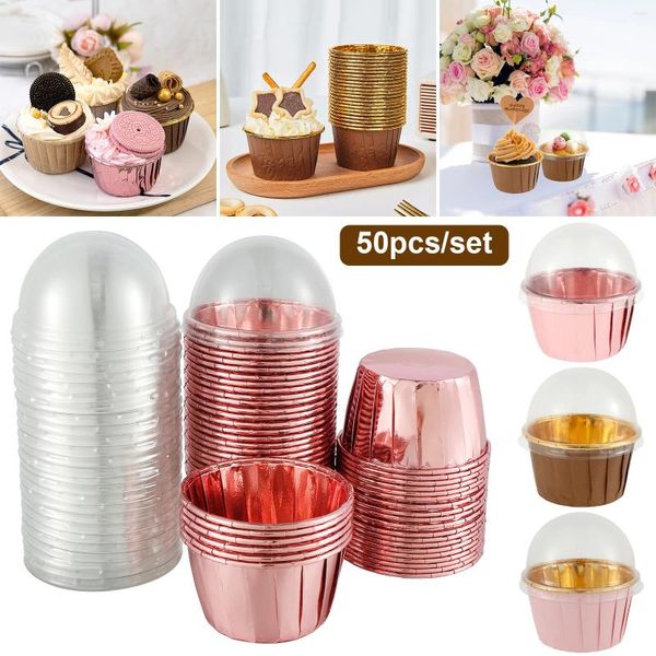 Ferramentas de cozimento 50pcs forros de cupcake de folha com tampas resistentes ao calor 5.5oz bolo de alumínio portátil redondo fácil de usar para casamento de cozinha em casa