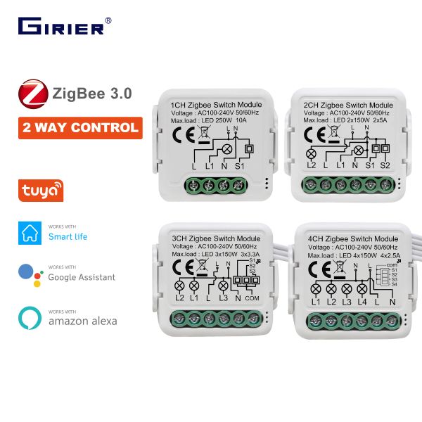 Controllo GIRIER Tuya ZigBee 3.0 Modulo interruttore 10A Smart Home DIY Breaker 1 2 3 4 Gang Supporta il controllo a 2 vie Funziona con Alexa Google Home