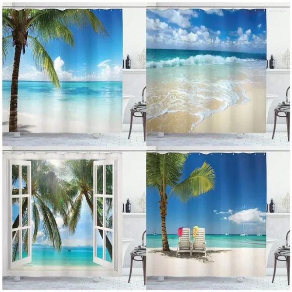 Tende da doccia Palma hawaiana Spiaggia Onda del mare tropicale Scenario estivo dell'oceano Set di decorazioni per tende da bagno moderne in tessuto stampato