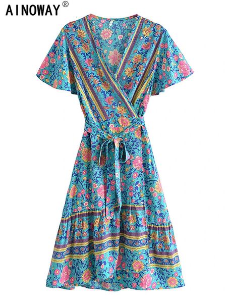 Vintage chique moda feminina hippie floral impressão com decote em v boêmio mini vestido senhoras manga curta verão praia envoltório boho vestidos 240313