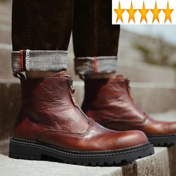 Botas homens trabalho quente inverno inglaterra estilo alto-top sapatos de couro genuíno retro zíper casual motociclista deserto tornozelo 38-43