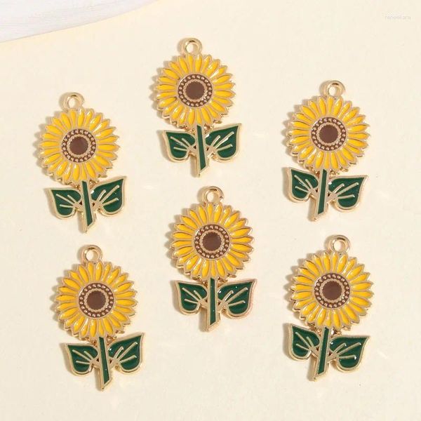 Charms, 10 Stück, goldfarben, 28 x 16 mm, schöne Sonnenblumenpflanzen, Emaille-Anhänger, passend für Ohrringe, DIY, handgefertigte Schmuckherstellung, Zubehör