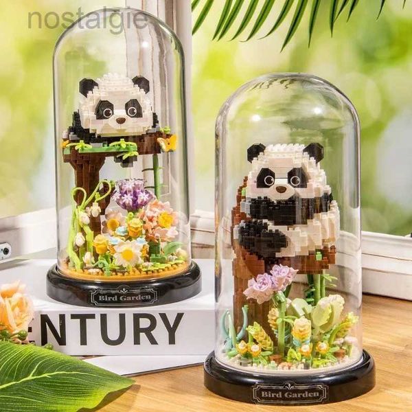 Blöcke Blumenstrauß Staubschutz Panda Set Bausteine Bonsai Sammlung Niedliches Tier Lernspielzeug Modell Kinder Weihnachtsgeschenk 240401