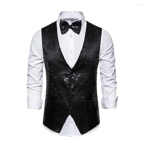 Herrenwesten Polyester Männer Weste Pailletten Fliege Set für Retro Disco Bräutigam Hochzeit Party Weste mit glänzendem V-Ausschnitt Special