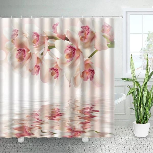 Cortinas de chuveiro branco rosa orquídea flores zen rural natural floral moderno casa tecido cortina banho com ganchos decoração do banheiro conjunto