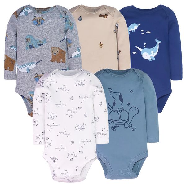 5 шт., боди для маленьких мальчиков, хлопковая одежда с длинными рукавами, летние комбинезоны с принтом кита для малышей, Bebe 240329