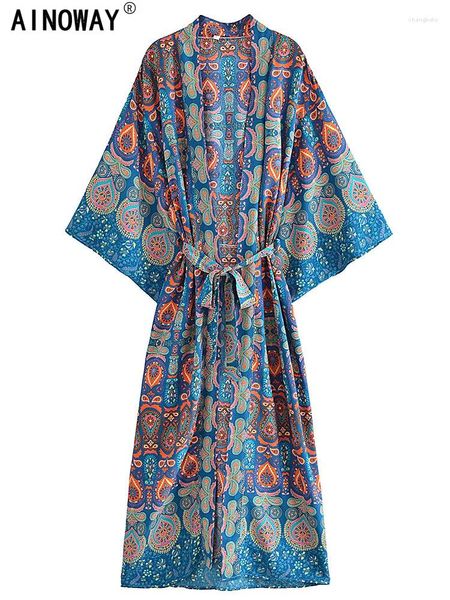 Vintage Chic Frauen Multi Blumendruck Bohemian Kimono Robe Damen V-Ausschnitt Fledermausärmel Boho Maxikleid Bikini-Vertuschungen