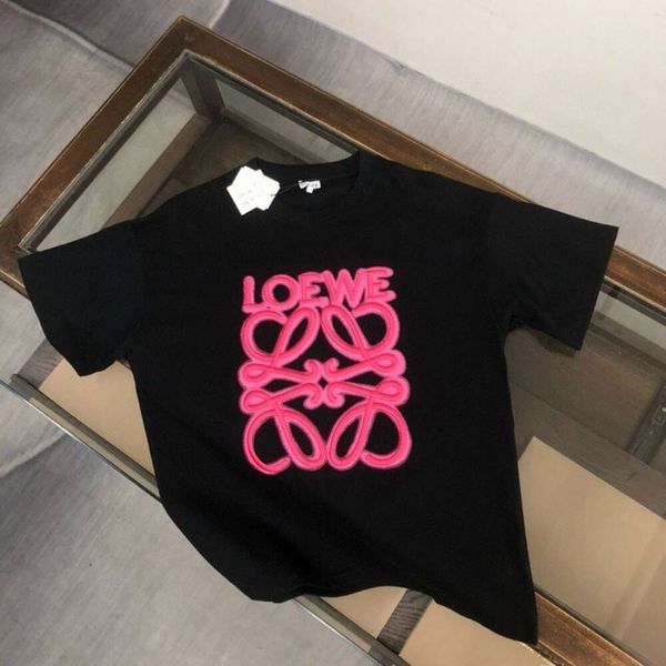Sürüm 2024 Yaz Yeni Floresan Pembe Neon Nakış Yuvarlak Boyun Mektubu Kısa Kollu T-Shirt Moda Gündelik Erkek ve Kadınlar
