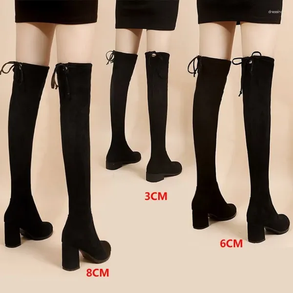 Stivali in pelle scamosciata sintetica Tacchi femminili Autunno Cerniera elastica al ginocchio per le donne Tubo con lacci Coscia Gigh Nero Botas Mujer 2024