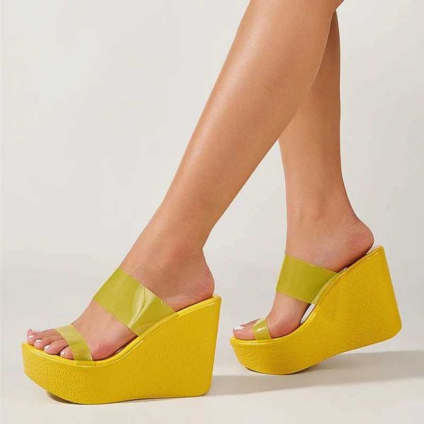 Kleid Schuhe Gelbe Keile Schuhe Für Frauen Designer Slides Mode Offene spitze Plattform High Heels Sexy Hausschuhe PVC Transparent Sandalen h240401