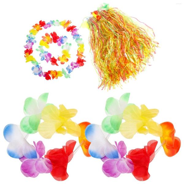 Fiori decorativi 5 pezzi in 1 set Colorato Hawaii Tropical Hula Erba Gonna da ballo Braccialetti di fiori Fascia per capelli Ghirlanda Beach Party Fancy Dress