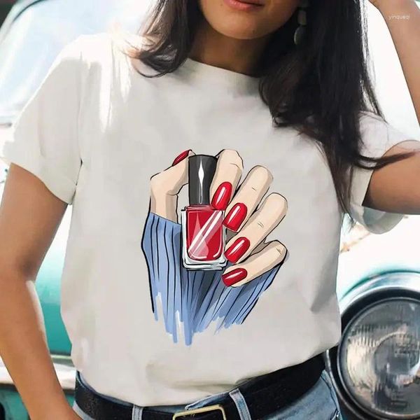 T-shirt da donna T-shirt da donna Cartoon Nail Make Up Cute Kawaii Top Y2k Camicia Regular Ladies Stampa Grafica femminile Moda Tee Manica corta