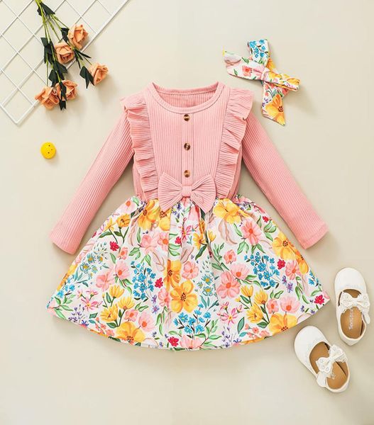 Rippenkleider für Mädchen mit Blumendruck, Herbst 2021, Kinder-Boutique-Kleidung, koreanisches 15T-Kinderkleid mit langen Ärmeln, Baumwollkleid, Beitrag auf INS1920235