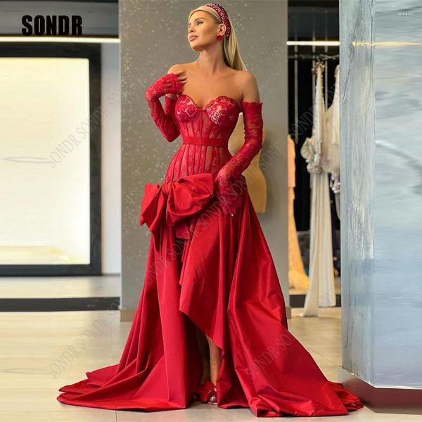Бальные платья SONDR с красным кружевным бантом и разрезом спереди, вечернее платье с открытыми плечами и длинными рукавами, Дубай, арабские женские платья для выпускного вечера, вечернее платье 2024